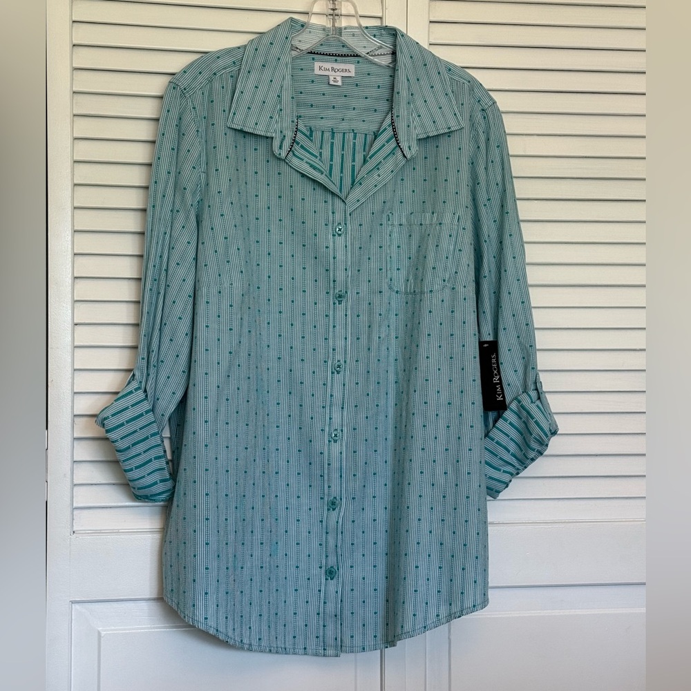Kim Rogers Ladies Button DownTeal Stripe-Dot Pattern Shirt. XL. NWT